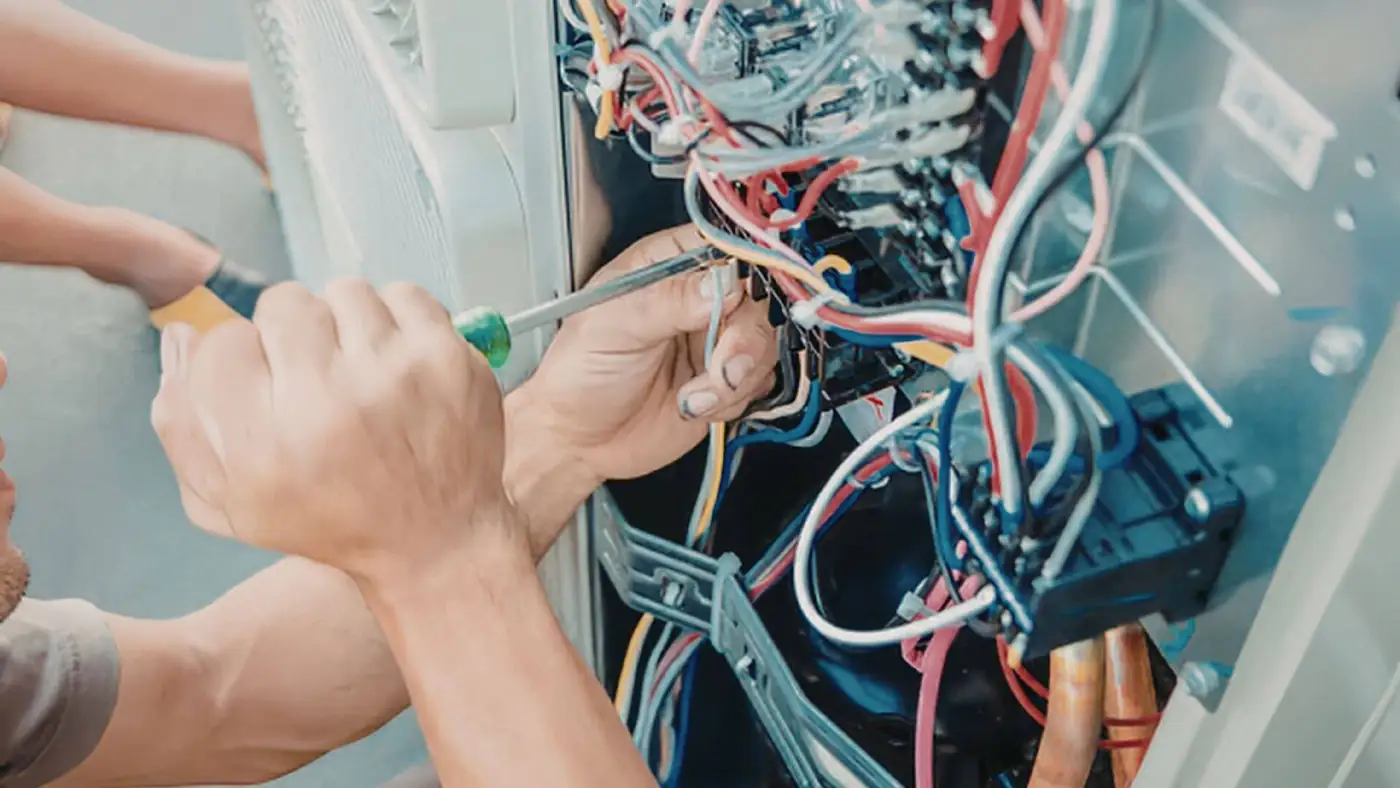 AC electrical checks in Bristol Engineer tightening electrical connections inside an air conditioning unit in Bristol