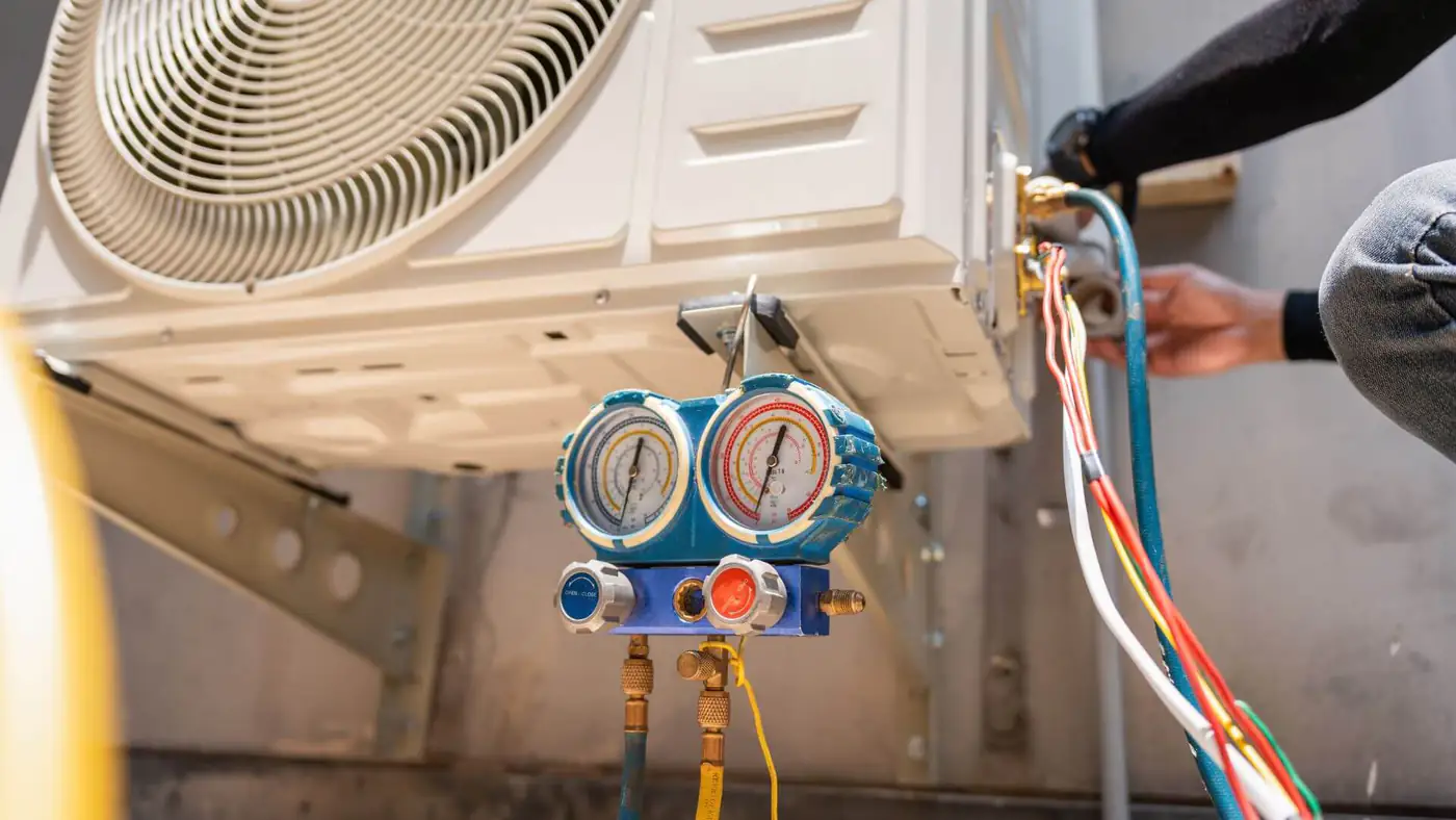 Refrigerant pressure check in Bristol Refrigerant pressure gauges connected to an air conditioning unit during a service in Bristol