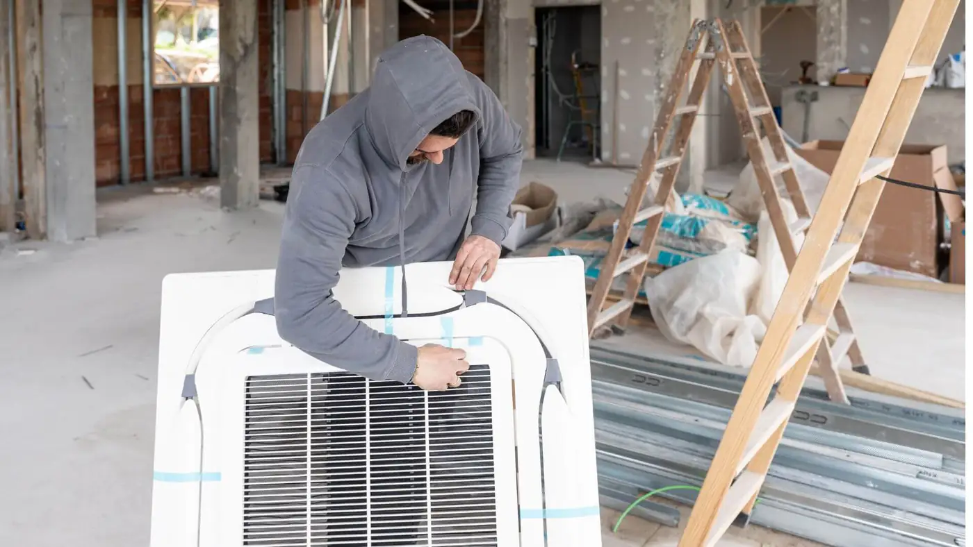 Air conditioning specialist in Bristol Air conditioning specialist preparing a ceiling cassette unit for installation on a Bristol site